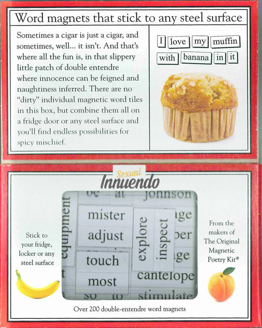 An opened magnetic poetry kit with a diagram of a muffin,text and an acetate window showing magnets inside