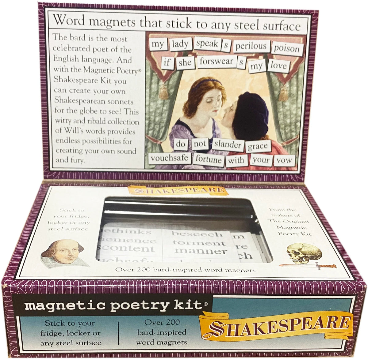 An opened word magnet kit and an opened window showing magnet tiles inside box.