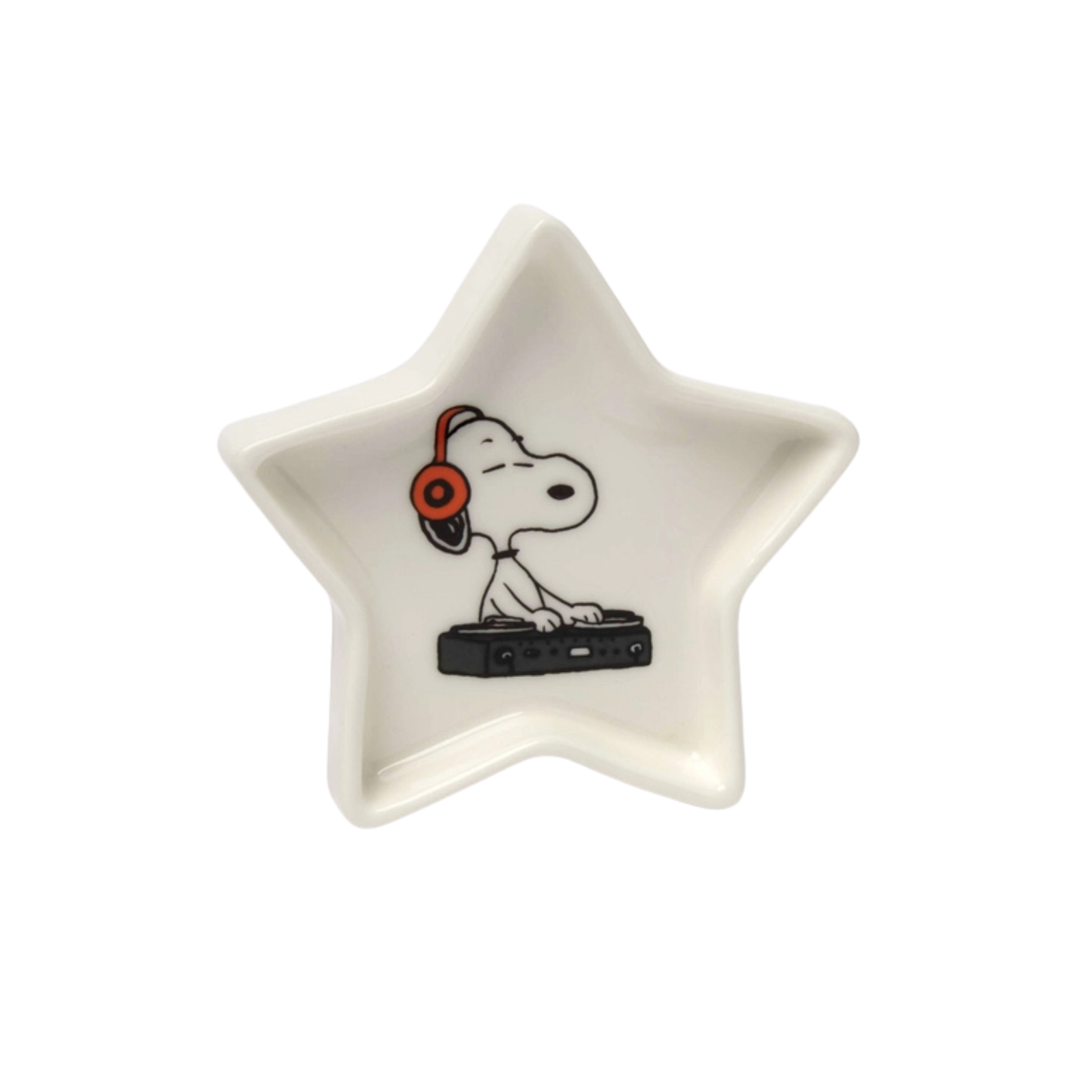 Star-shaped dish with a Snoopy cartoon character wearing headphones and a microphone on a white background
