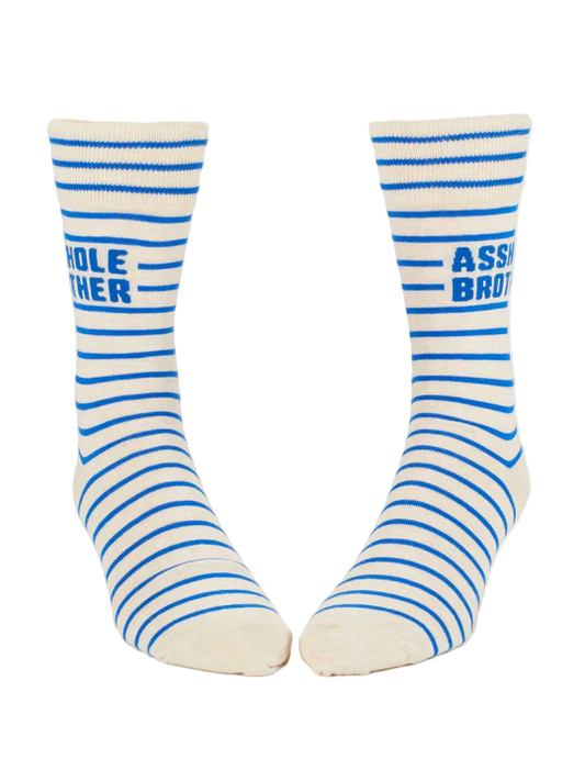 Pair of striped socks with blue text on a white background