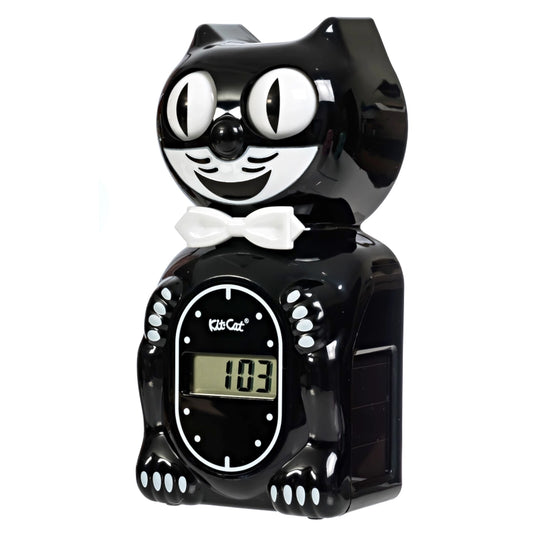 Black cat-shaped alarm clock with a digital display on a white background