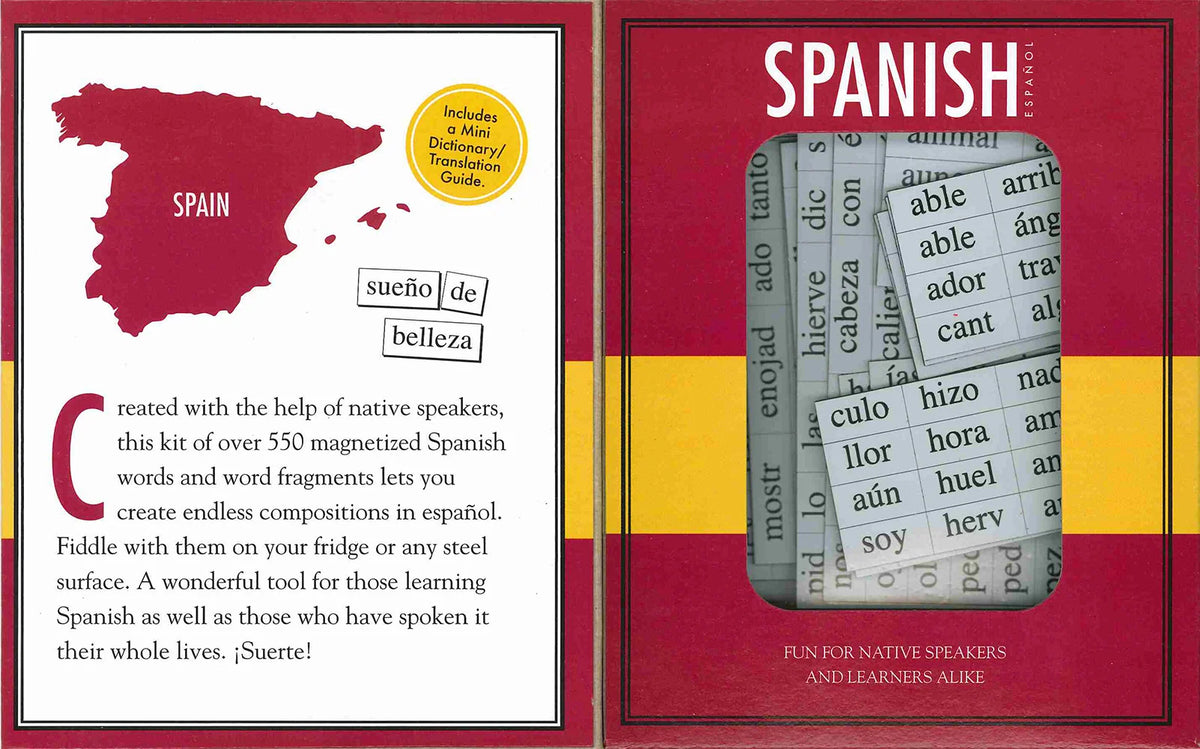 An opened package showing a map of Spain on the left and text on the lower side On the right side of the box there is headline text that reads, Spanish. Below there is an acetate window displaying magnet tiles in Spanish.