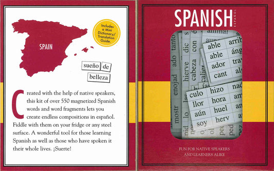 An opened package showing a map of Spain on the left and text on the lower side On the right side of the box there is headline text that reads, Spanish. Below there is an acetate window displaying magnet tiles in Spanish.