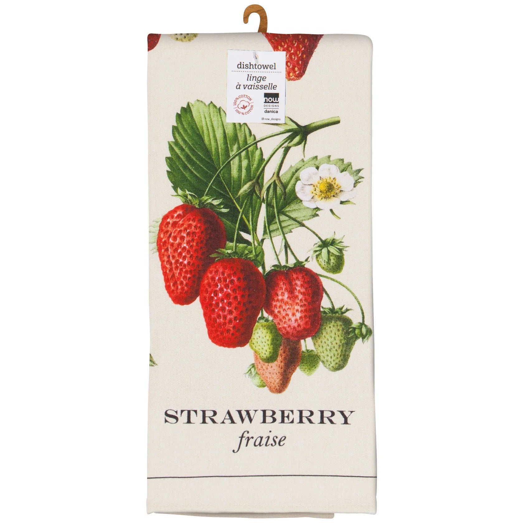 Dish towel with strawberry design and text on a white background
