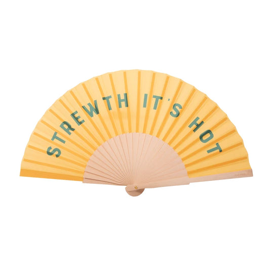 A yellow hand fan with text that reads: Strewth it's hot on a white background.