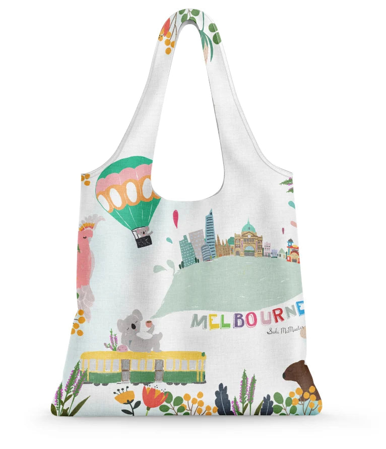 A white reusable shopping bag featuring Melbourne icons on a white background.