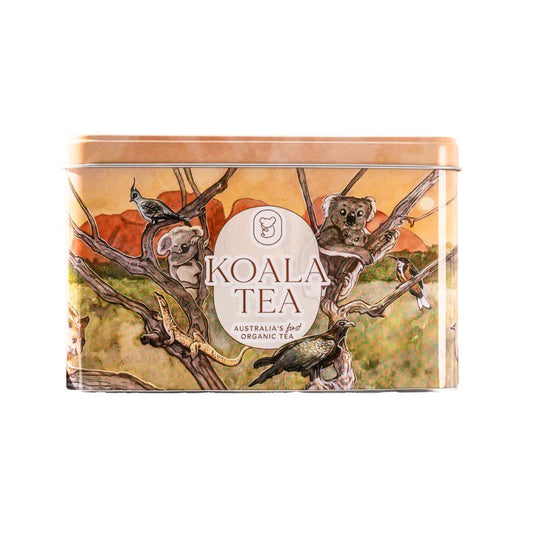 Koala Tea packaging with koalas and birds on a tree branch design.