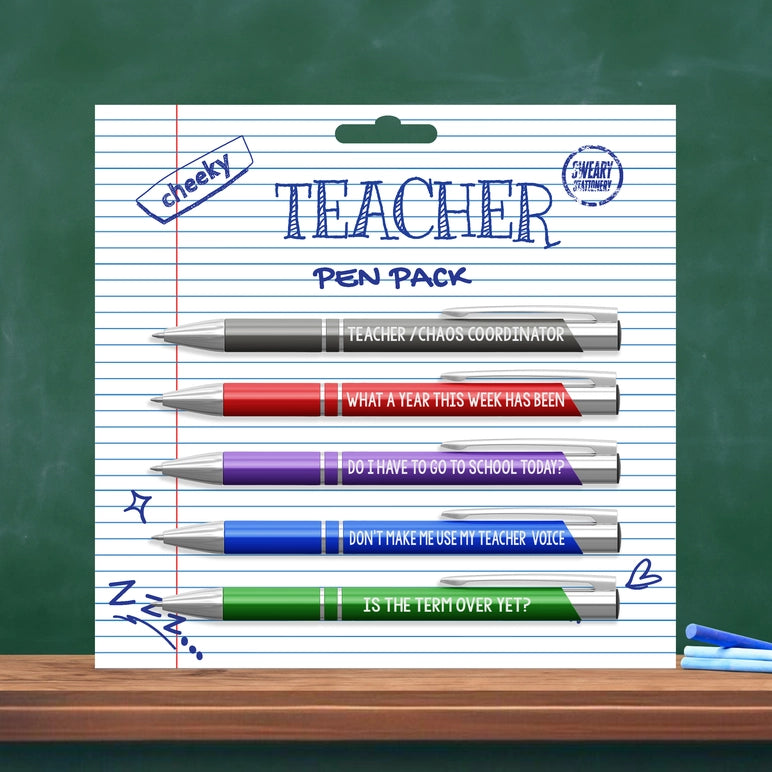 Pen pack with humorous pen caps on a green chalkboard background