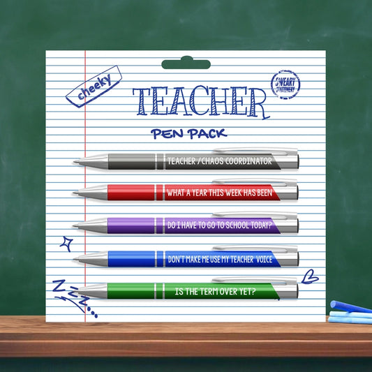 Pen pack with humorous pen caps on a green chalkboard background