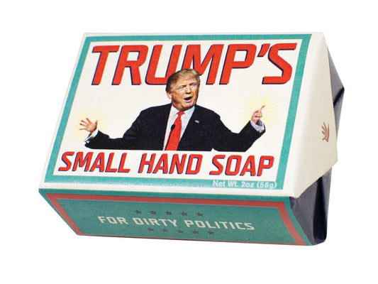 Soap bar with a graphic of a person and text 'TRUMP'S SMALL HAND SOAP FOR DIRTY POLITICS' on a white background