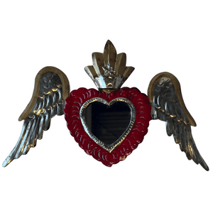 Mexican wall art- Red winged heart with mirror (20cm x 30cm)