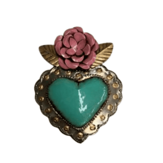 Tin Mexican folk art wall decor with pink rose on top of a turquoise heart, gold accents, on a white background