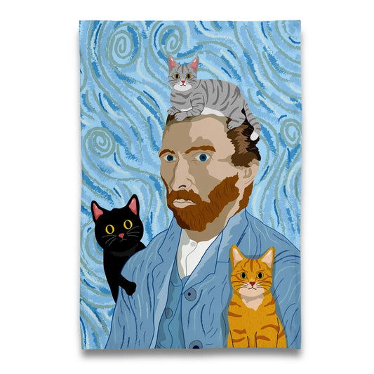 Illustration of Van Gogh artist with cats on his head against a blue swirling background