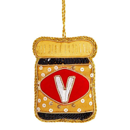 Vegemite hanging sequin tree decoration on a white background