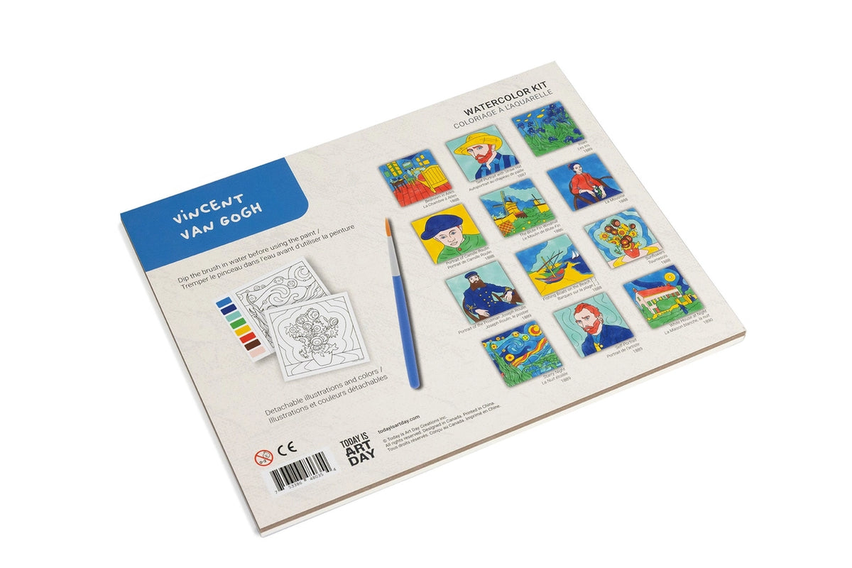 Van Gogh watercolor kit with paintbrush and sample paintings on a white background