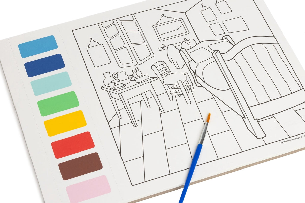 Coloring book page with a house outline and color swatches, accompanied by a paintbrush.
