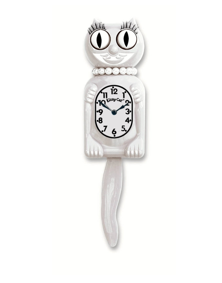 Cat-shaped wall clock with a white face and black numbers on a white background
