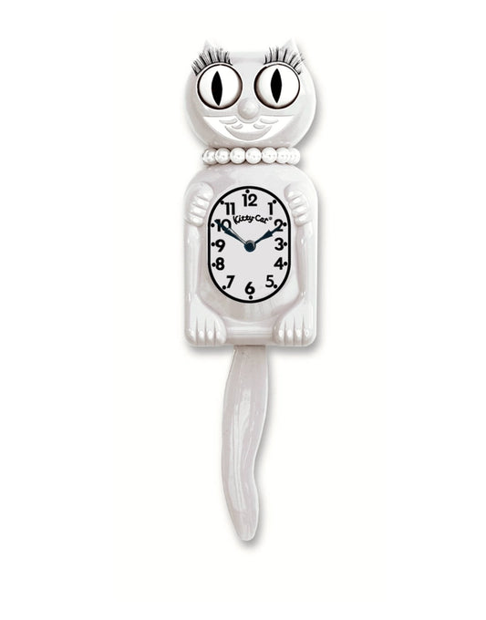 Cat-shaped wall clock with a white face and black numbers on a white background