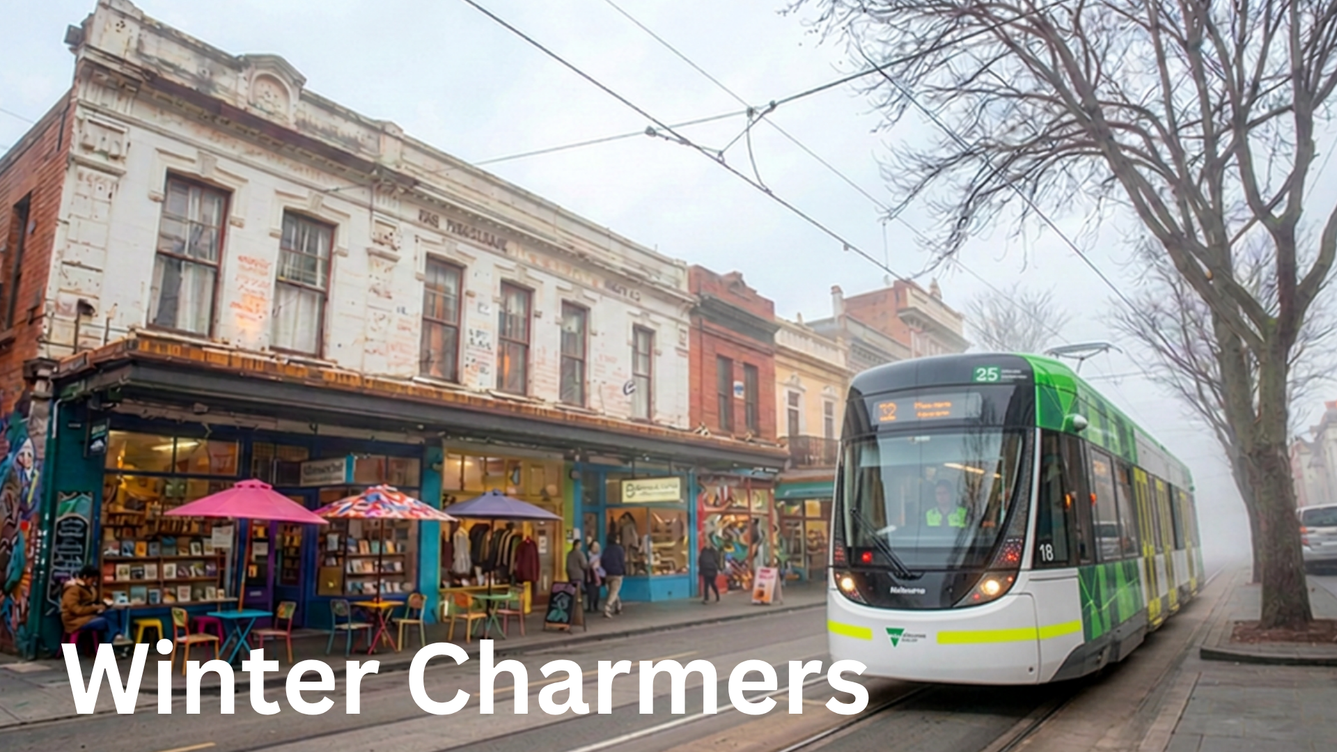 Tram on a city street with 'Winter Charmers' text overlay