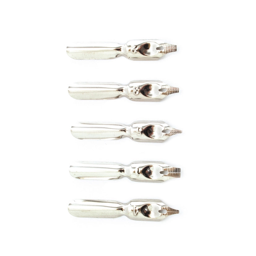 Five  silver writing nibs on a white background.