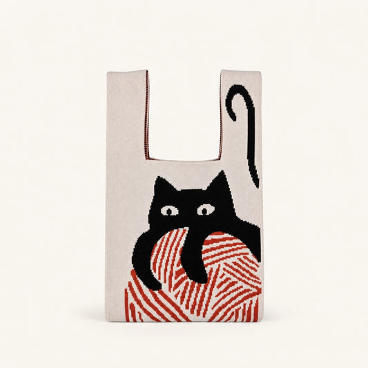 Reusable shopping bag with a black cat design on a beige background