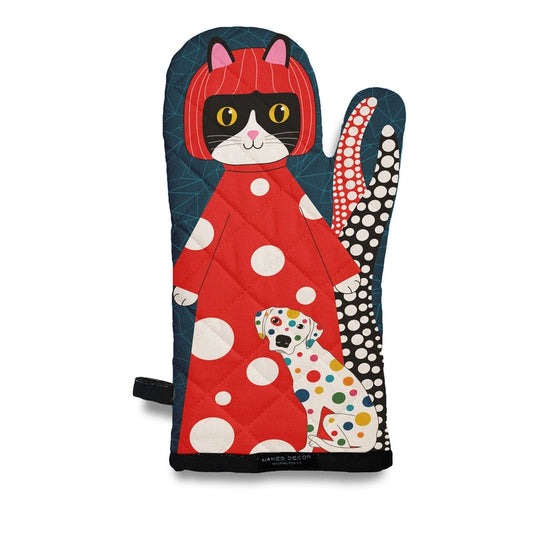 Oven mitt with a cat and dog, polka dot  design on a white background