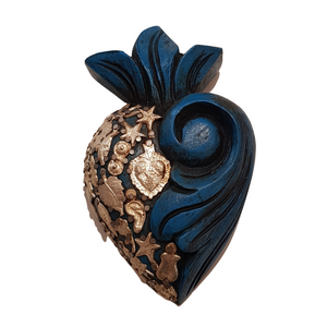 Mexican wall art:Blue wooden heart with charms 