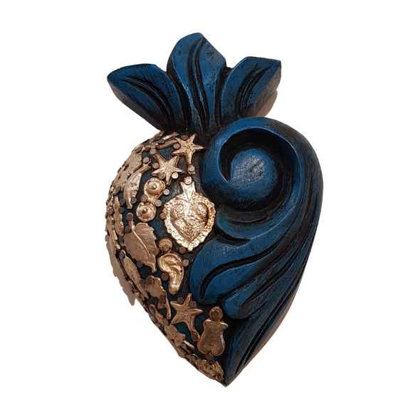 Mexican wall art:Blue wooden heart with charms 