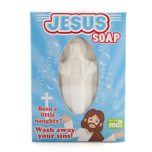 Blue box containing Jesus  novelty soap on a white background