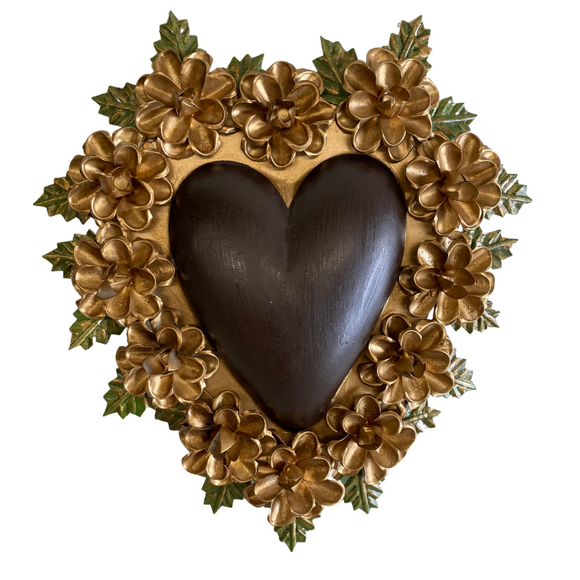 Mexican wall art- Brown heart with golden flowers (32 x 26cm)