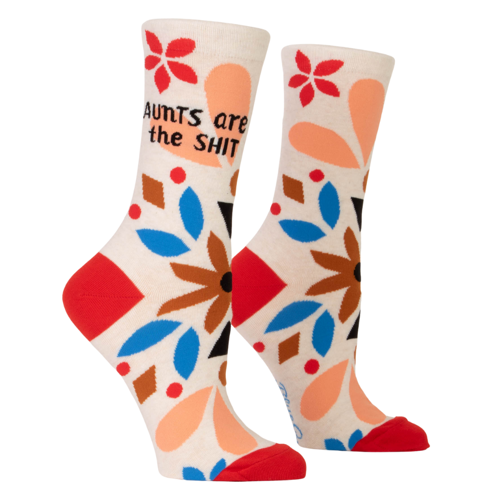 Side view of colourful (Blue,red,brown,white) and floral BLUE Q women's crew socks- Text reads:Aunts are the shit