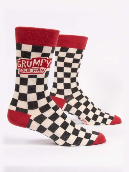 Black and white checkered BLUE Q  men's crew socks with red details. Text on side reads: Grumpy old man-Gizmo Gifts