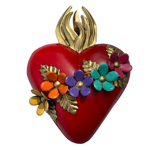 Mexican wall decor- tin red heart with flowers(21x15cm)