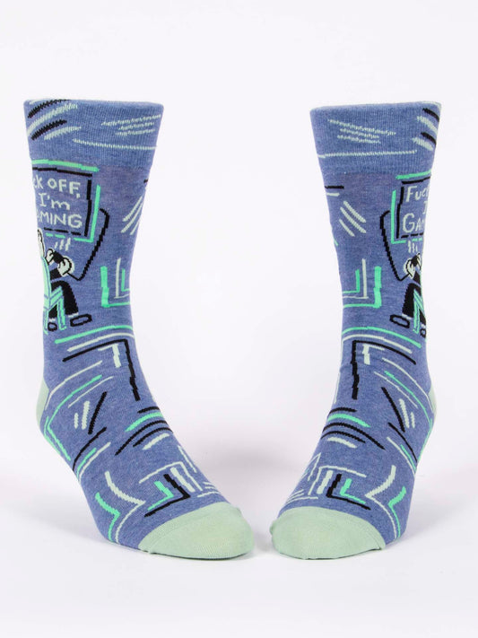 Front view of BlueQ men's crew socks-Fuck off I'm gaming. white background