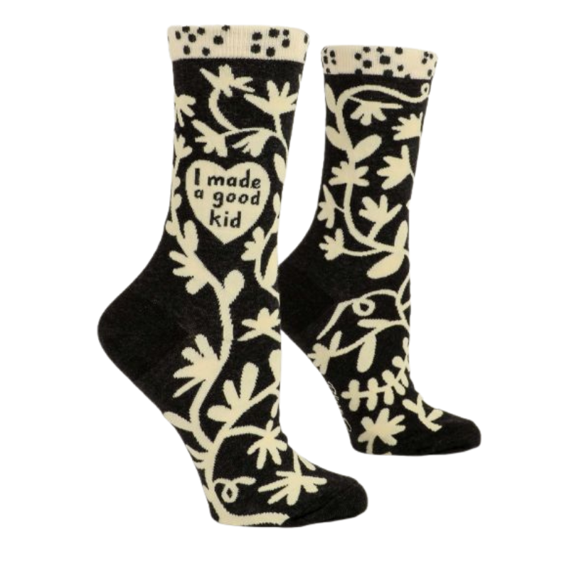 Black and white floral design Blue Q women's crew socks. A white heart in the middle has text that reads:- I made a good kid