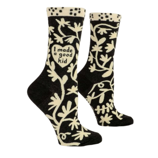 Black and white floral design Blue Q women's crew socks. A white heart in the middle has text that reads:- I made a good kid