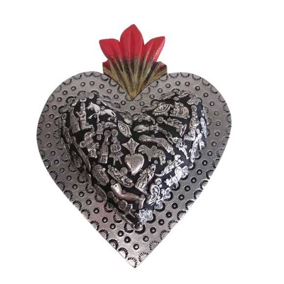 Mexican wall decor-Tin heart with embellished milagros (charm