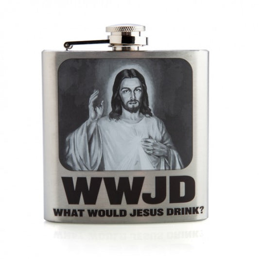 Jesus hip flask-with a picture of Jesus and humorous text on a white background
