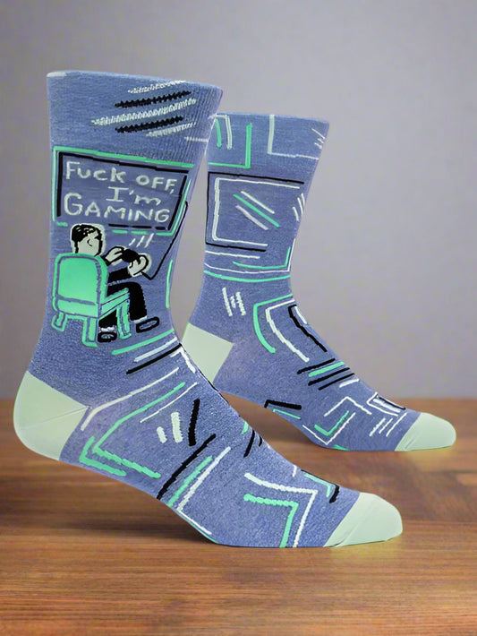 MEN"S CREW SOCKS-FUCK OFF I'M GAMING by BLUEQ on a white background