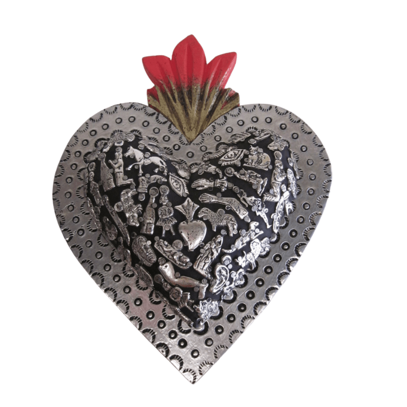 Mexican wall decor - Tin heart with embellished milagros (charms) - Gizmo Gifts