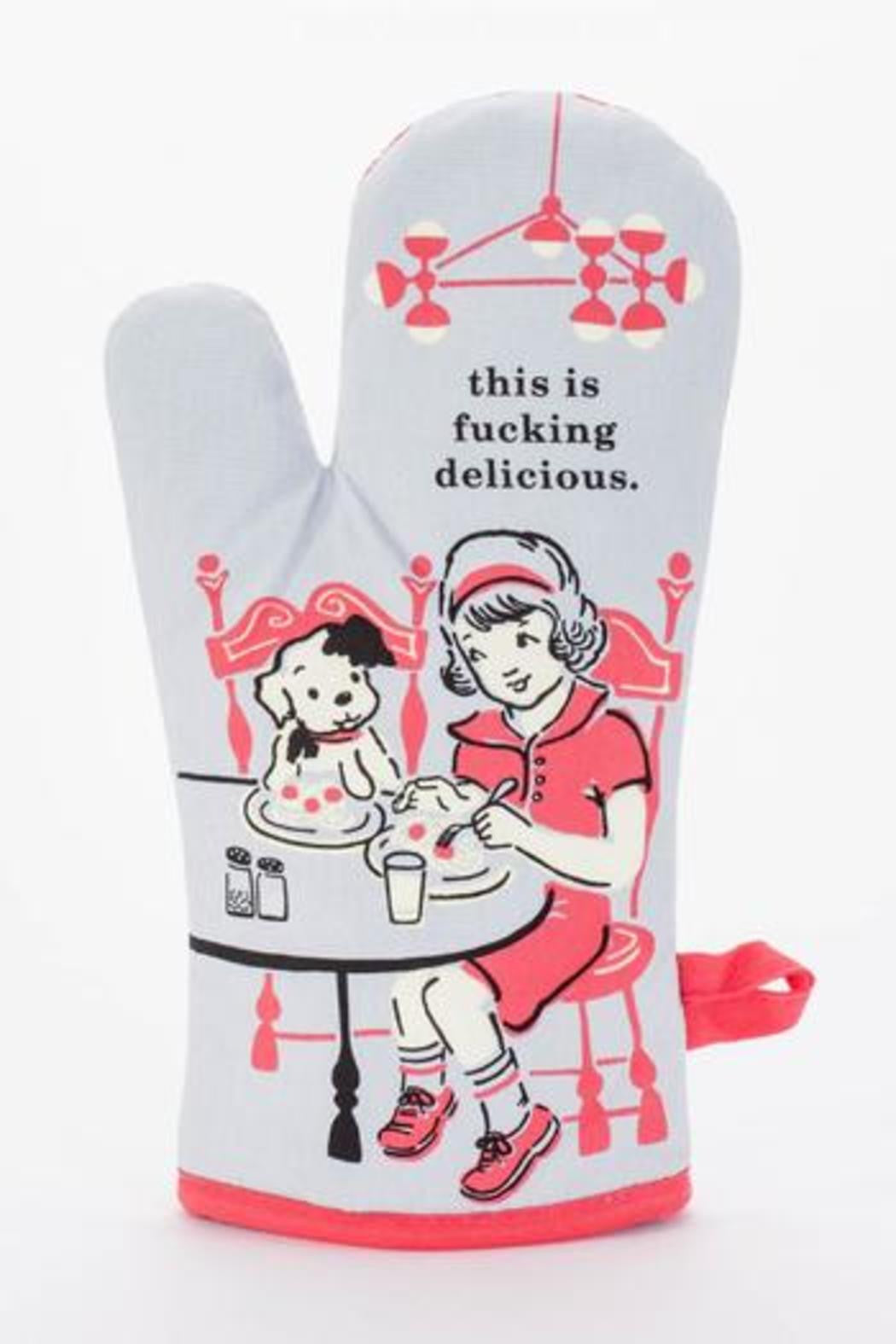 Grey BLUEQ oven mitt - Text reads:This is Fucking Delicious. The picture is a cartoon image of a girl dressed in red at a dinner table with dog.