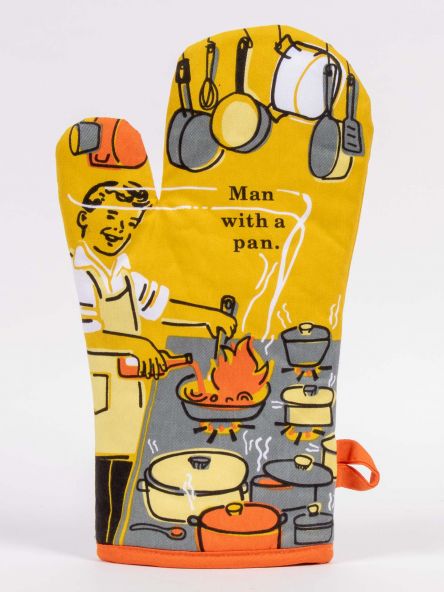 A yellow BLUEQOven mitt- depicting a cartoon man figure cooking in the kitchen  and text reads:Man with a pan