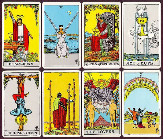 The Rider Waite Tarot deck of cards eight examples of cards from the deck.