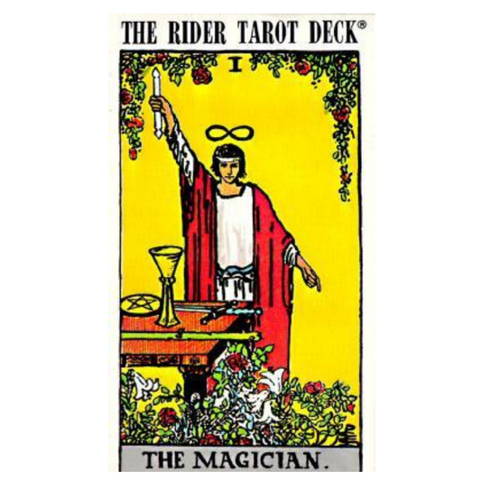The Magician Major Arcana tarot card, the magician holds a wand up high in his left hand. A table in the foreground displays the other three suits of the deck(pentacle,sword and cup).Foliage surrounds him on a yellow background.