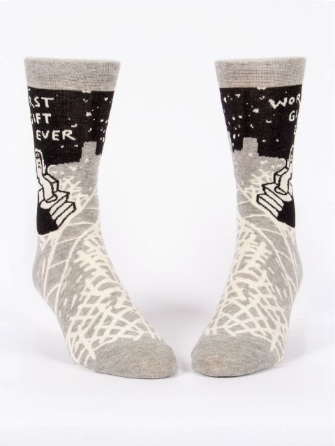 Front view BluecQ-Men's crew socks "Worst gift ever" on a white background